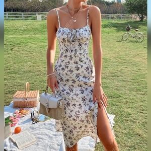 VCAY Floral Print Tie Front Slit Thigh Cami Dress